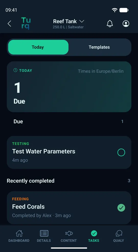 Tasks: feed corals, done by Alex